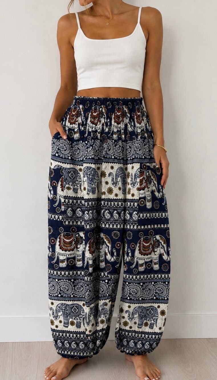 Women's Navy Elephant Print Wide Leg Pants